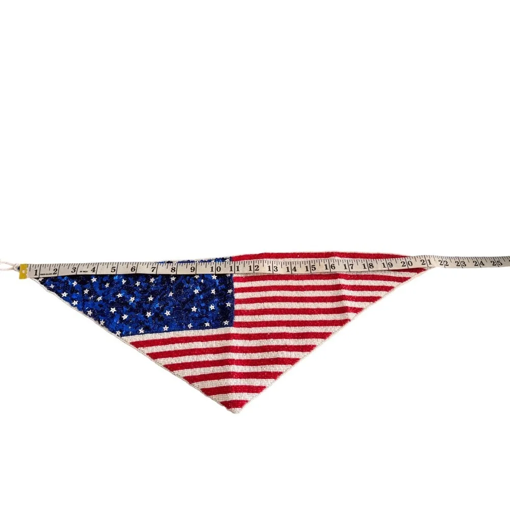 American Flag Beaded Bandana Scarf Patriotic Red White Blue Sequin Neckerchief - Picture 5 of 5
